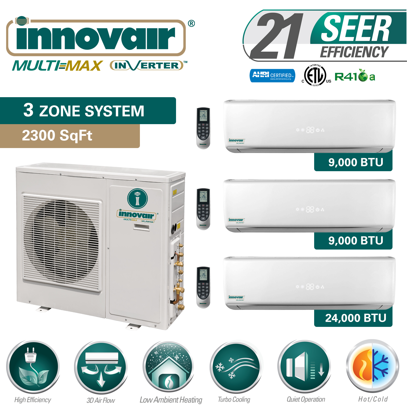 42000 BTU Tri Zone Ductless Mini Split Air Conditioner Heat Pump SEER