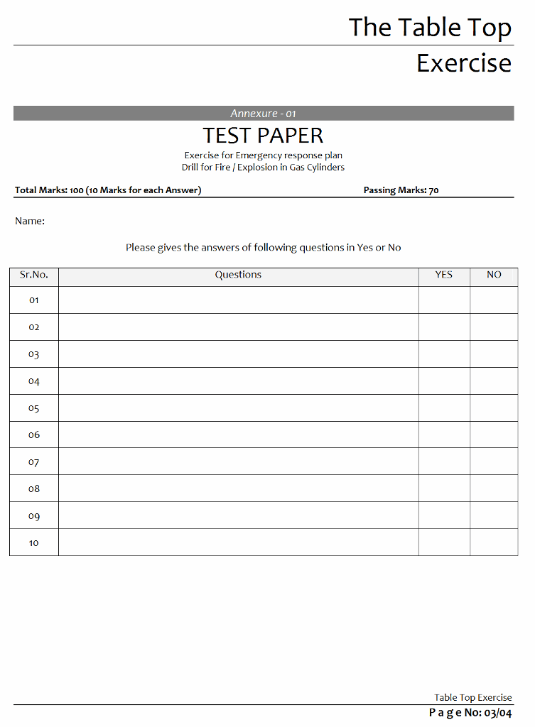 Table top Exercise format Excel PDF Sample