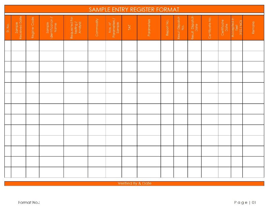 Sample Entry Register Format for Laboratory format