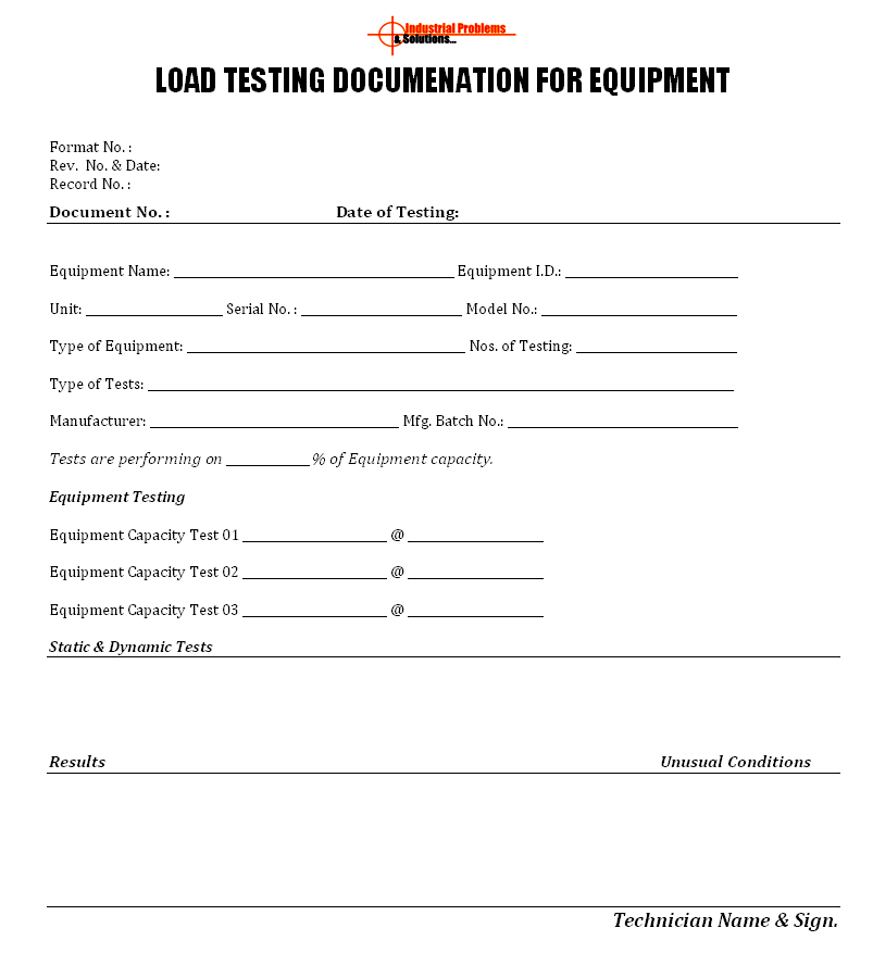 Load testing documentation for equipment