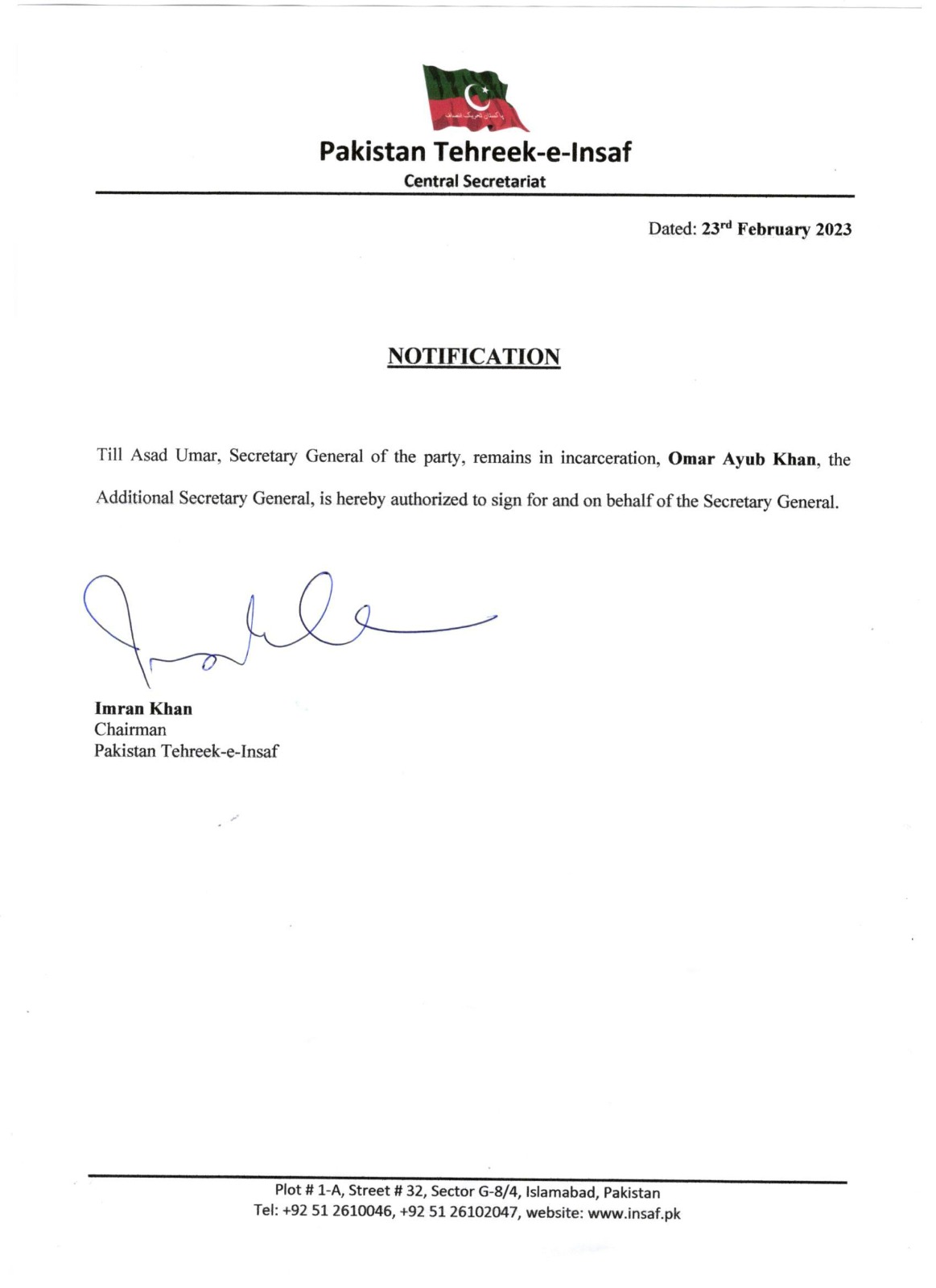 Omar Ayub has been authorized to sign on behalf of the Secretary