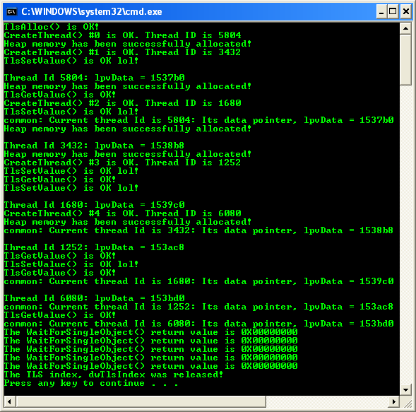 The Win32 Windows Thread Local Storage Program Example