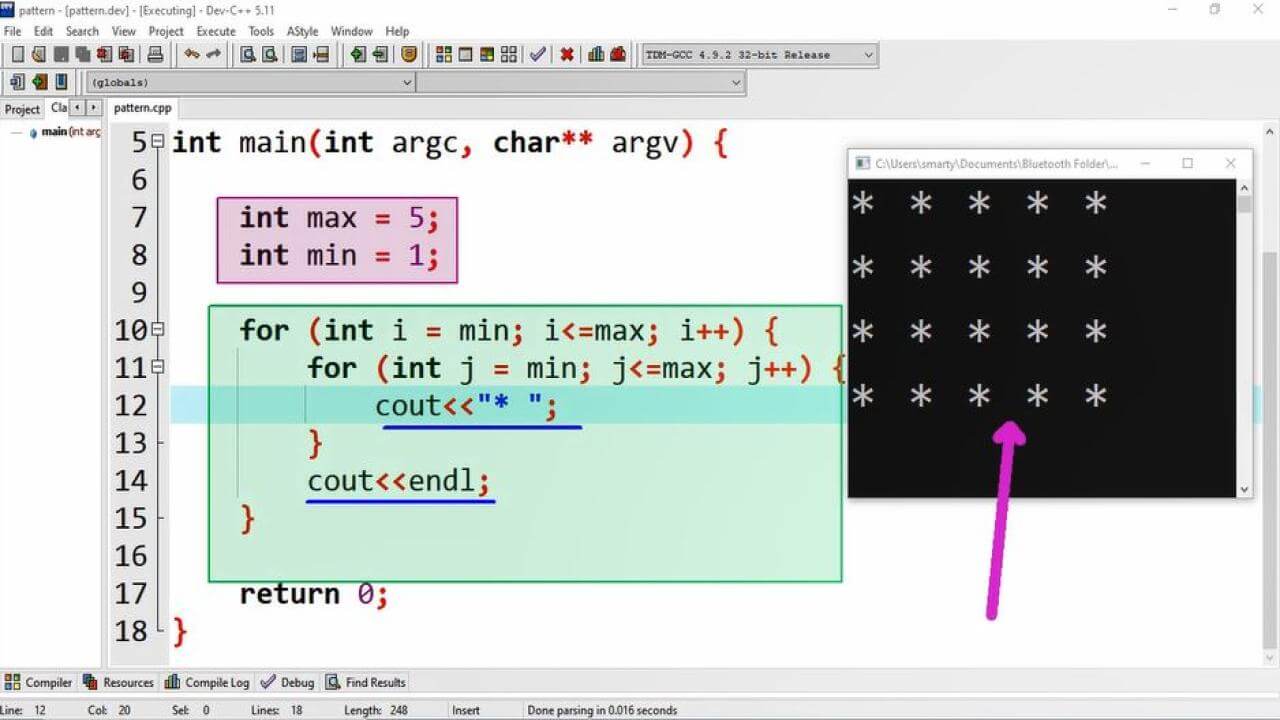 Square pattern of numbers and alphabets cpp tutorial