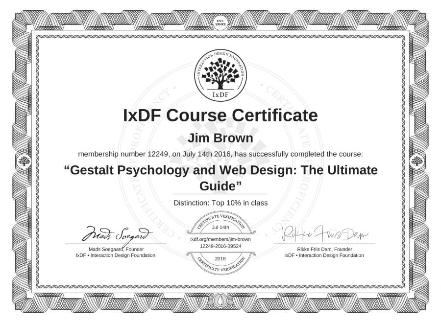 Jim Brown’s Course Certificate Gestalt Psychology and  Design The