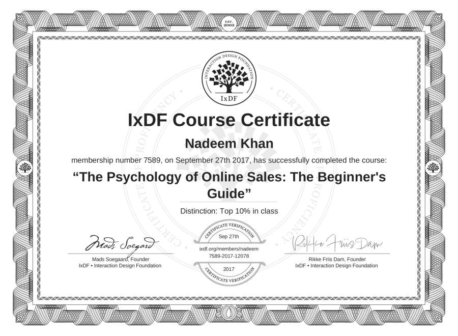 Nadeem Khan’s Course Certificate The Psychology of Online Sales The