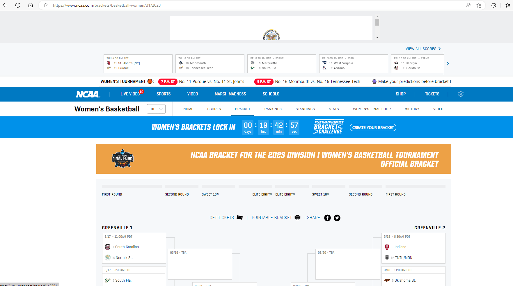 Printable Women's March Madness bracket for the NCAA D1 Women's