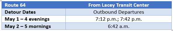 Route 64 will be on detour from Monday, May 1 through Friday, May 5