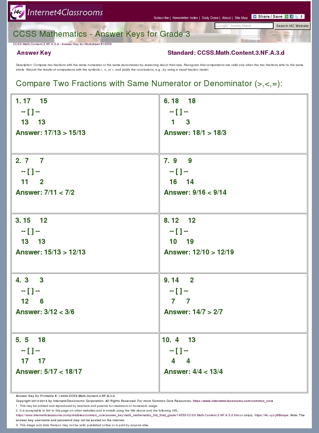 Answer Key Download Worksheet 14555. CCSS.Math.Content.3.NF.A.3.d