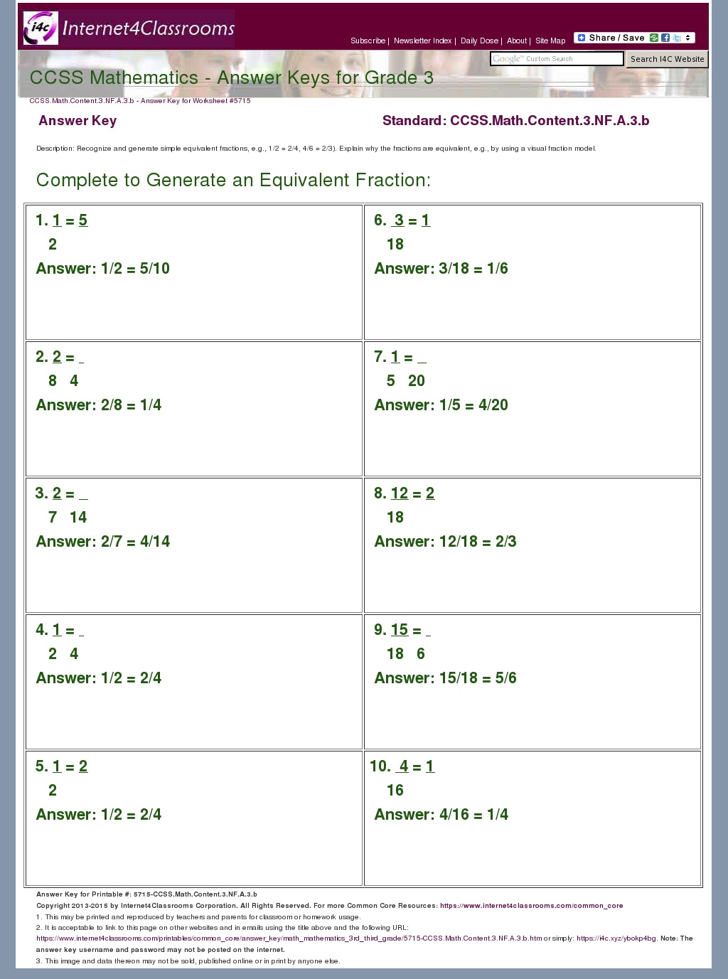 Answer Key Download Worksheet 5715. CCSS.Math.Content.3.NF.A.3.b