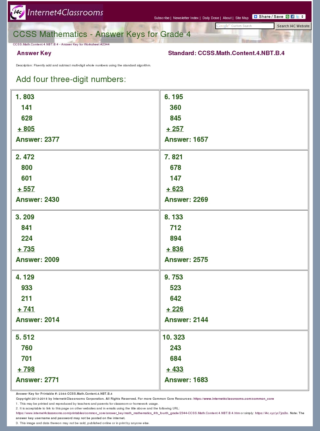 Answer Key Download Worksheet 2344. CCSS.Math.Content.4.NBT.B.4