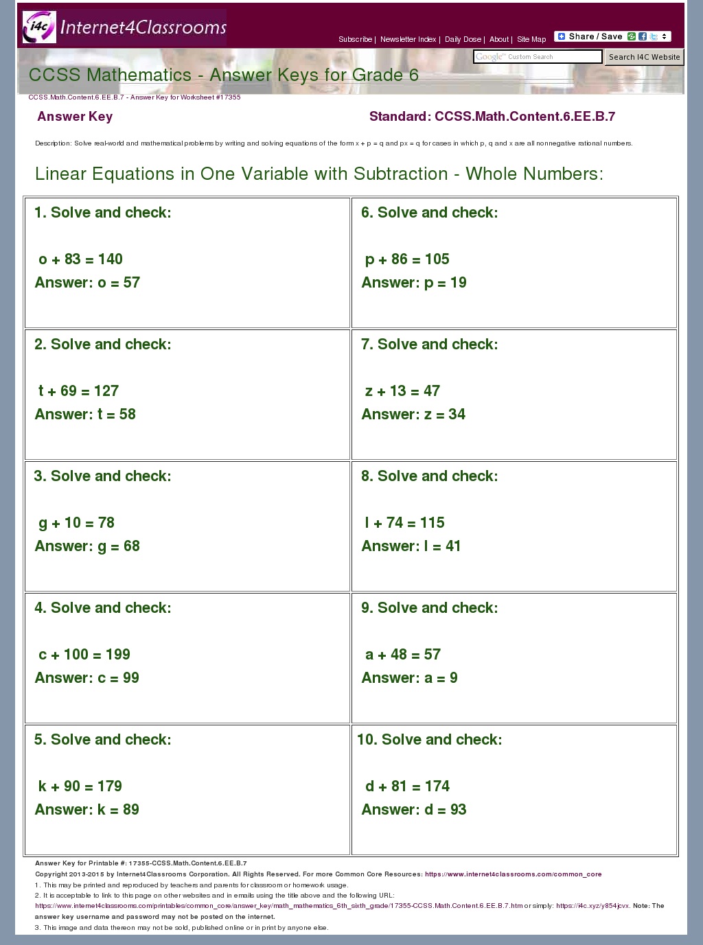 Answer Key Download Worksheet 17355. CCSS.Math.Content.6.EE.B.7
