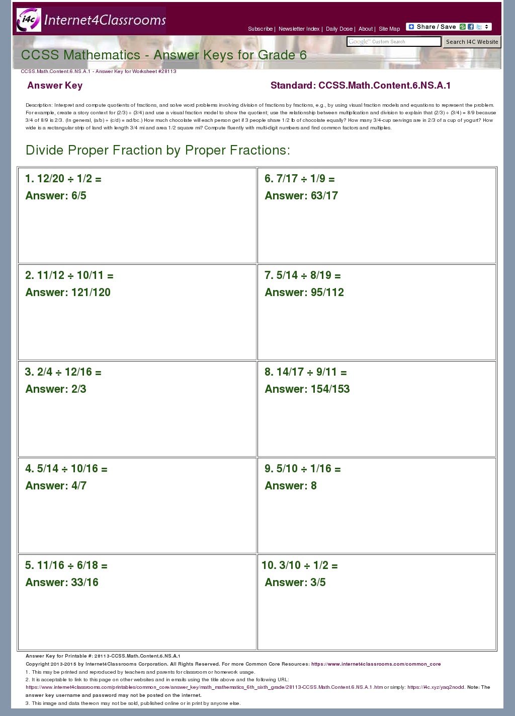 Answer Key Download Worksheet 28113. CCSS.Math.Content.6.NS.A.1