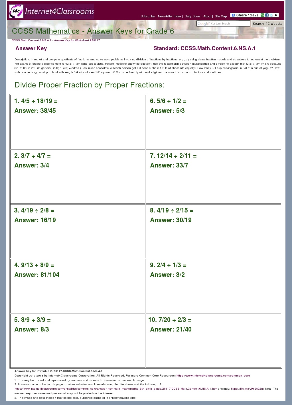 Answer Key Download Worksheet 28117. CCSS.Math.Content.6.NS.A.1