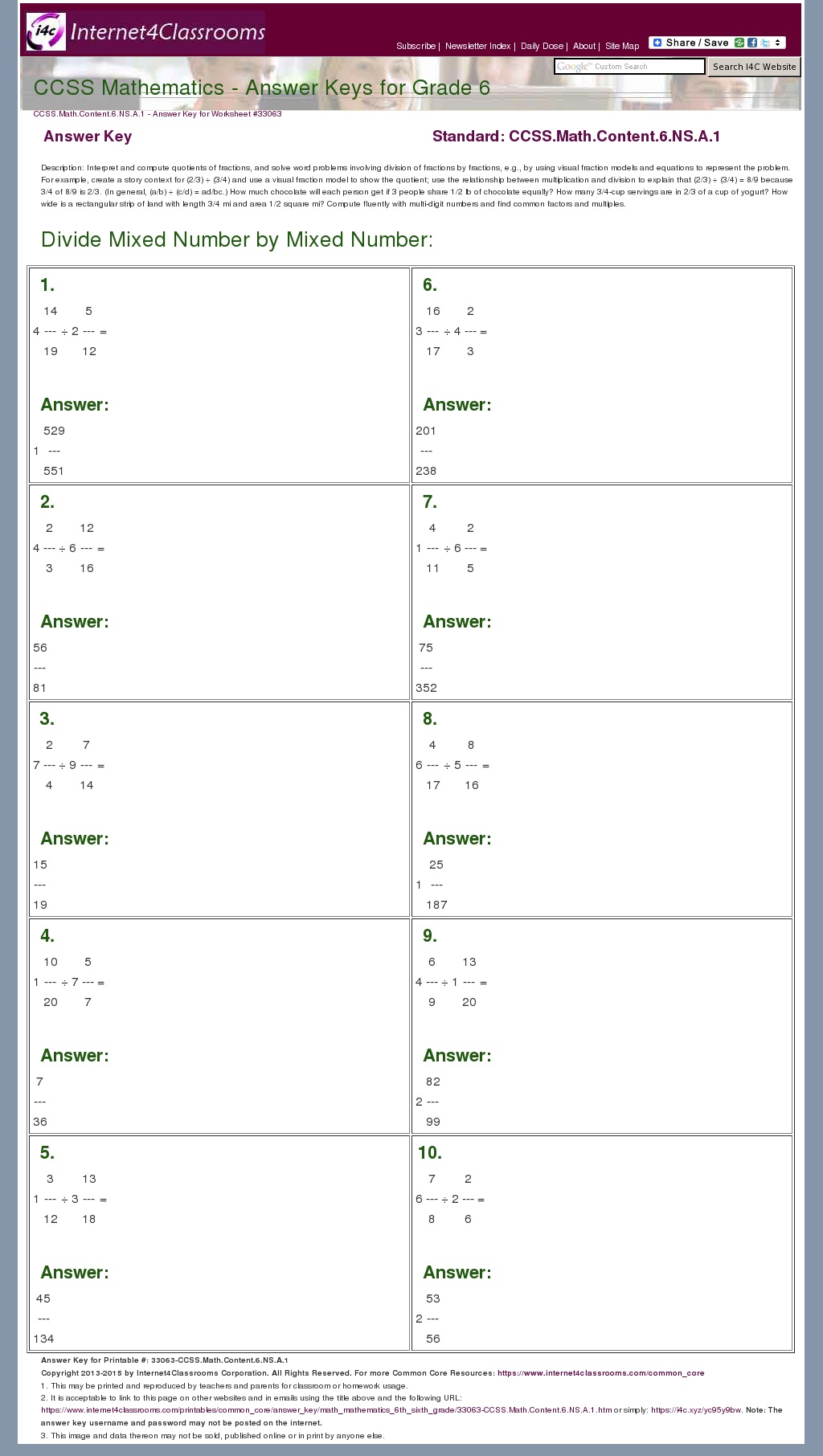 Answer Key Download Worksheet 33063. CCSS.Math.Content.6.NS.A.1