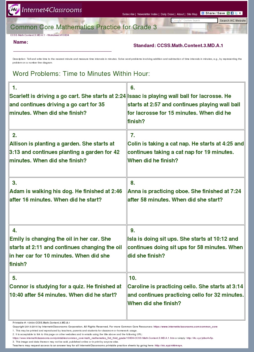 Description/Download Worksheet 10834. CCSS.Math.Content.3.MD.A.1