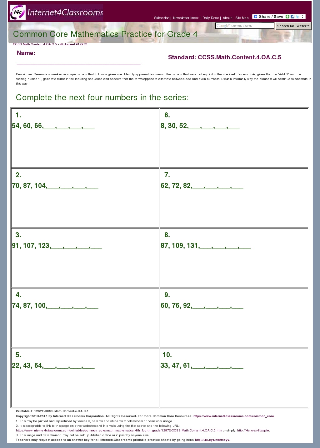 Description/Download Worksheet 12972. CCSS.Math.Content.4.OA.C.5