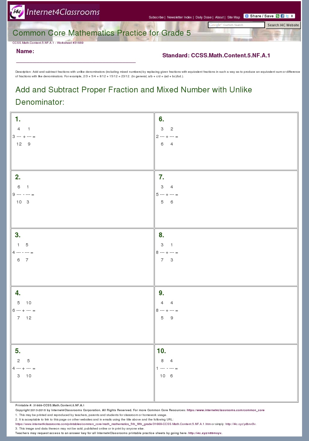 Description/Download Worksheet 31669. CCSS.Math.Content.5.NF.A.1