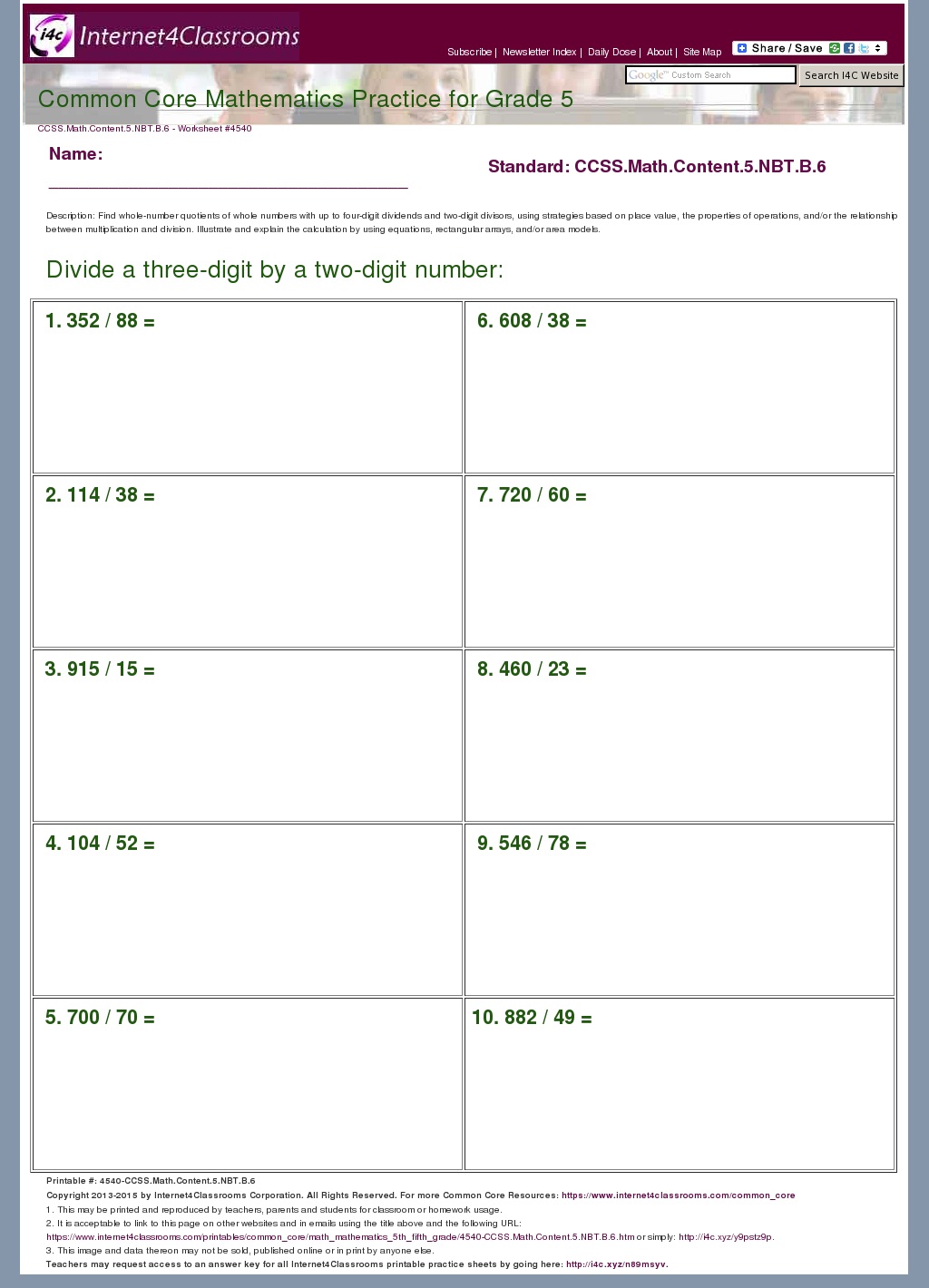 Description/Download Worksheet 4540. CCSS.Math.Content.5.NBT.B.6