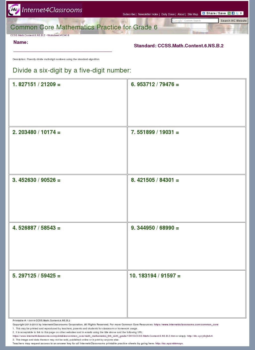 Description/Download Worksheet 13418. CCSS.Math.Content.6.NS.B.2