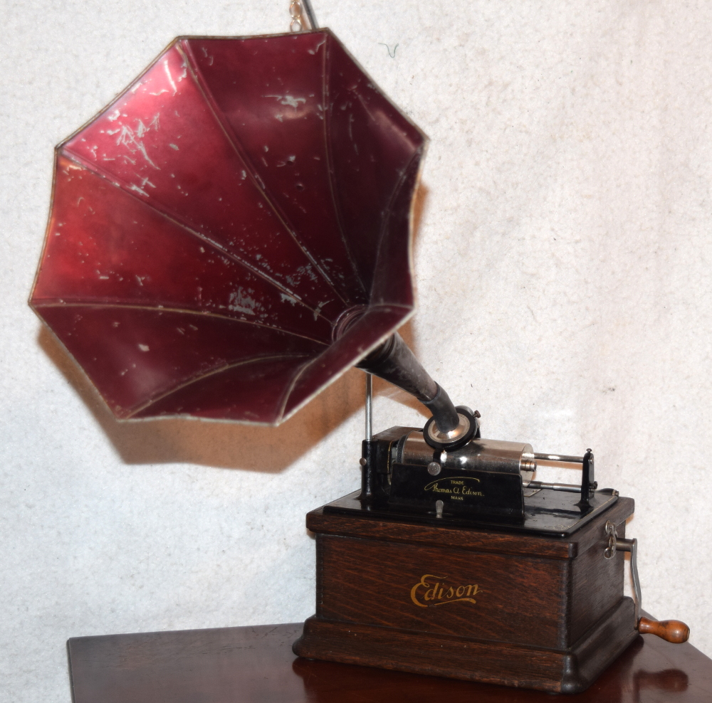 Edison Fireside Phonograph with red baby morning glory horn for sale