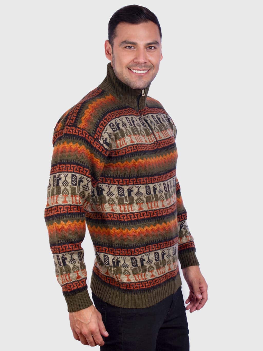 Turtleneck Half Zip Dark Green Alpaca Sweater for Men