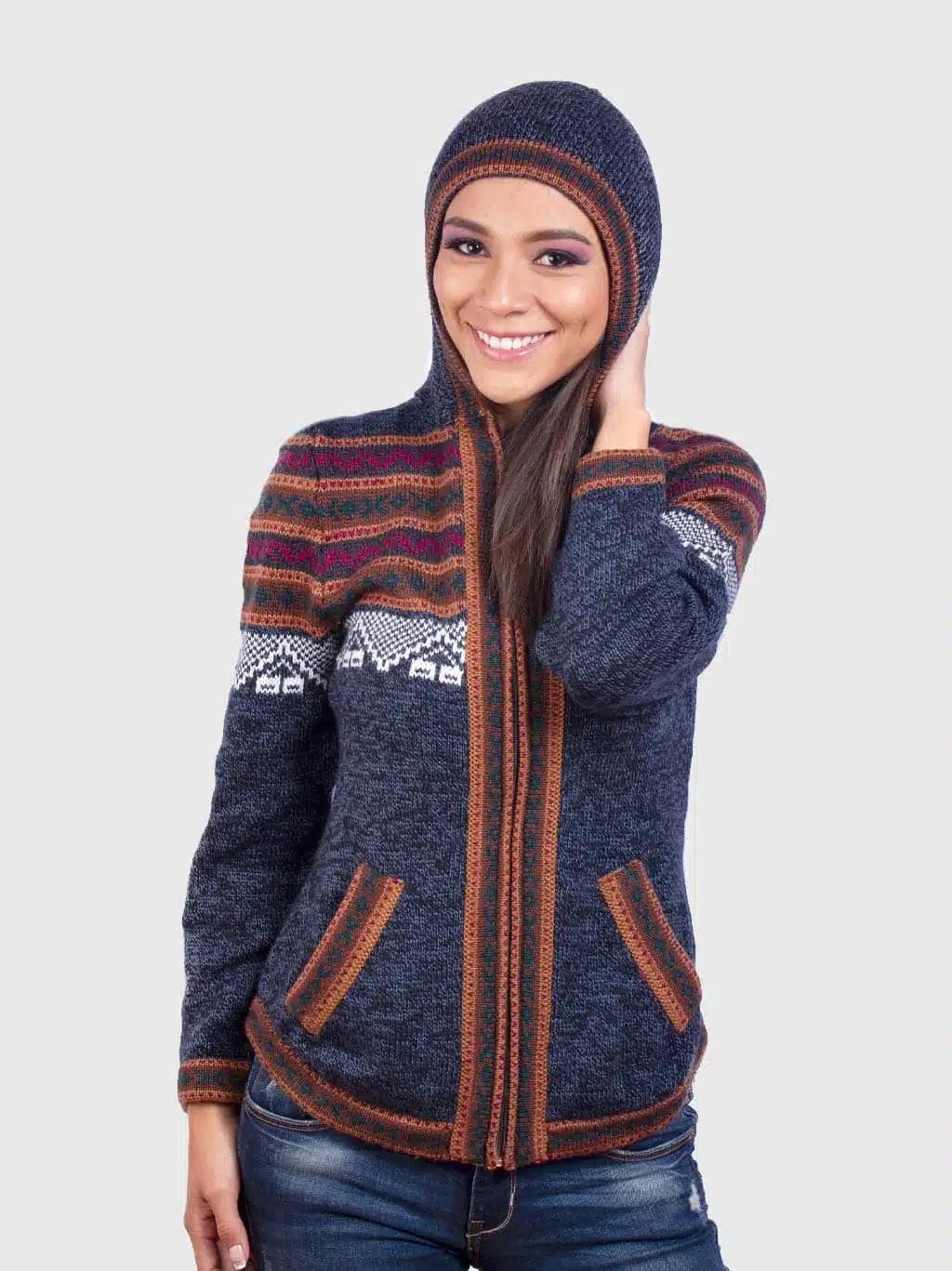 Women’s Hooded Blue Melange Alpaca Sweater Inti Alpaca Alpaca