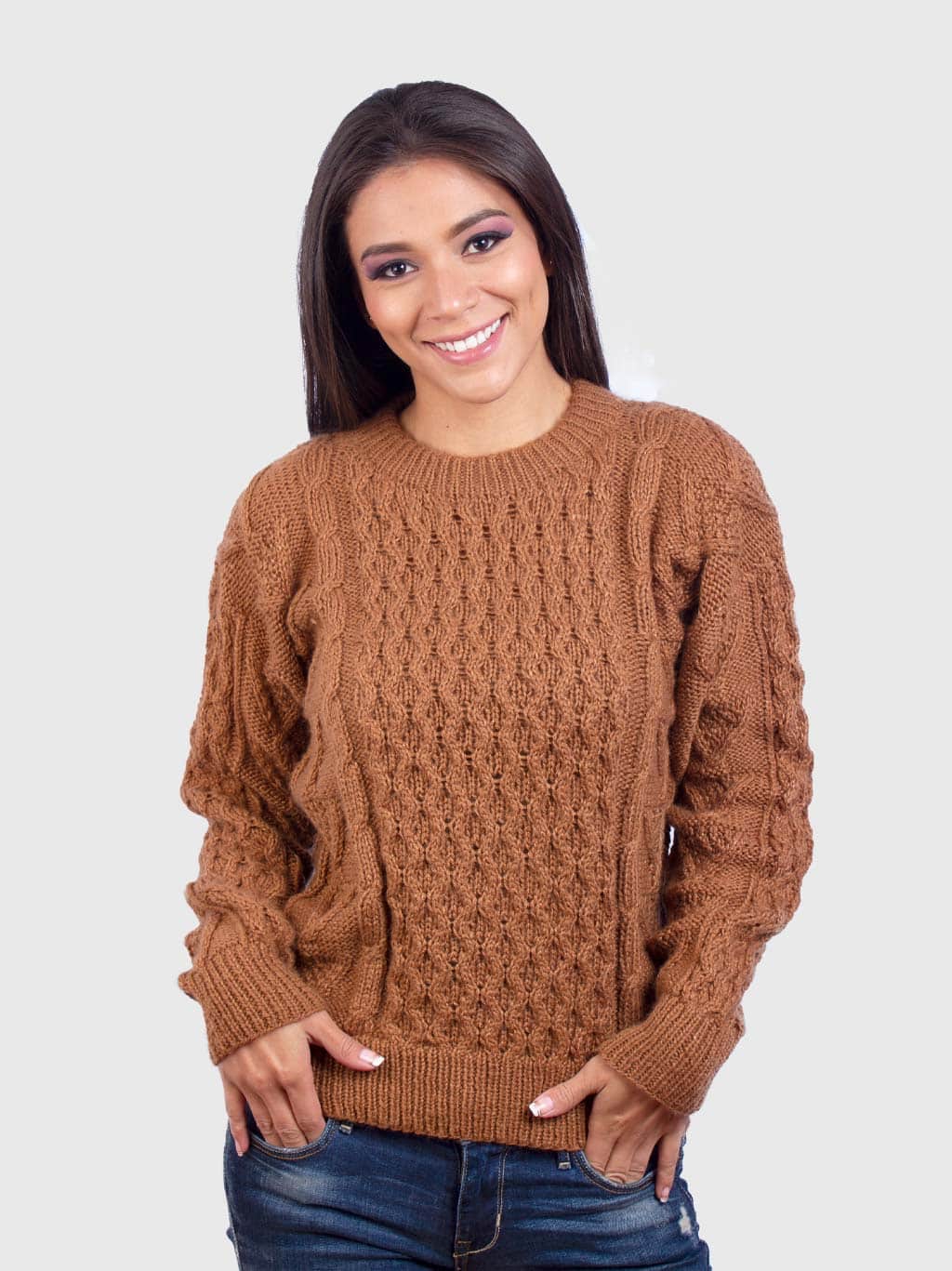 Hand knit Warm Ochre Aran Alpaca Sweater for Women Inti Alpaca