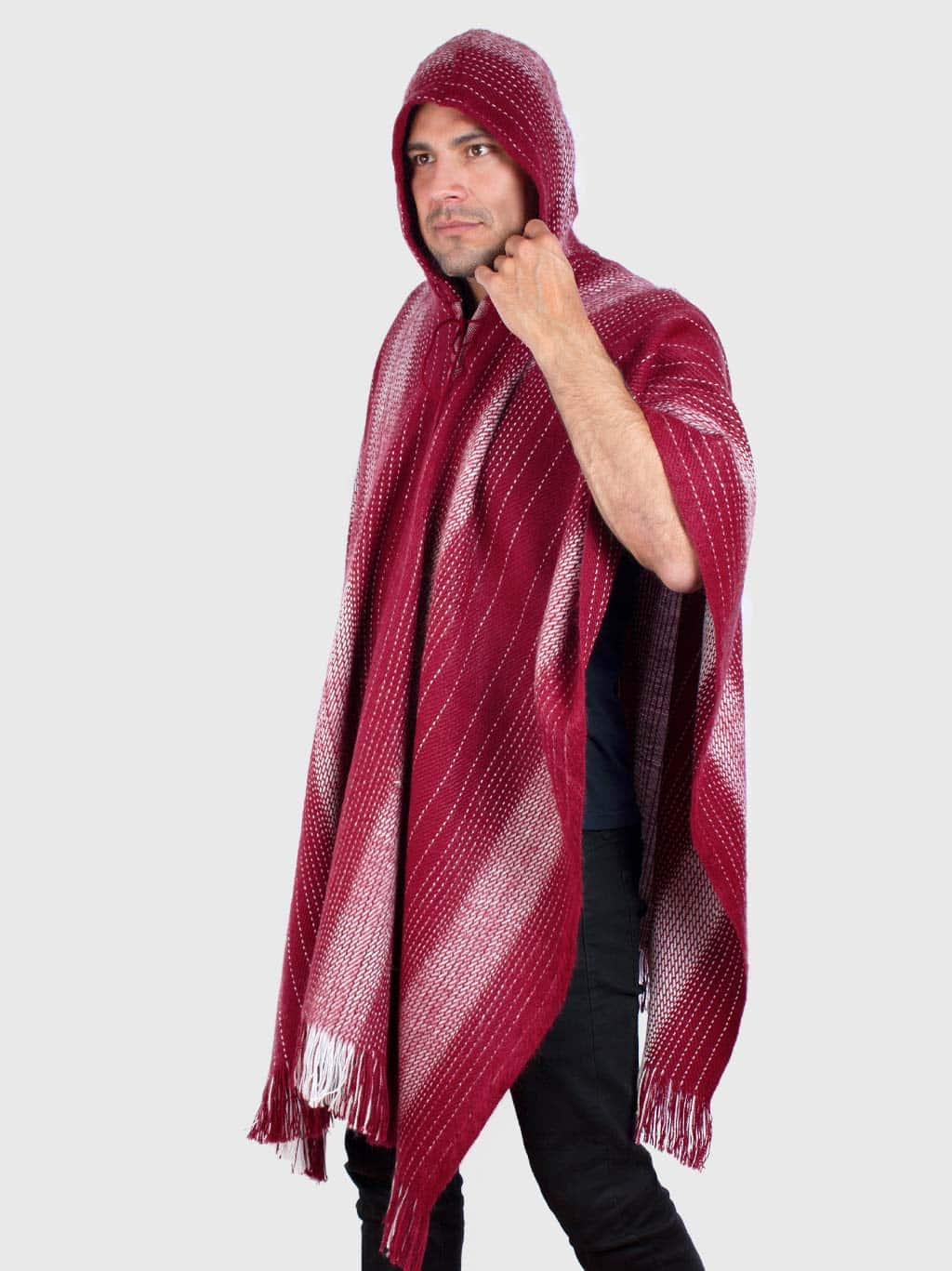Burgundy Hooded Alpaca Poncho for Men Warm and Soft “Cusi” Inti