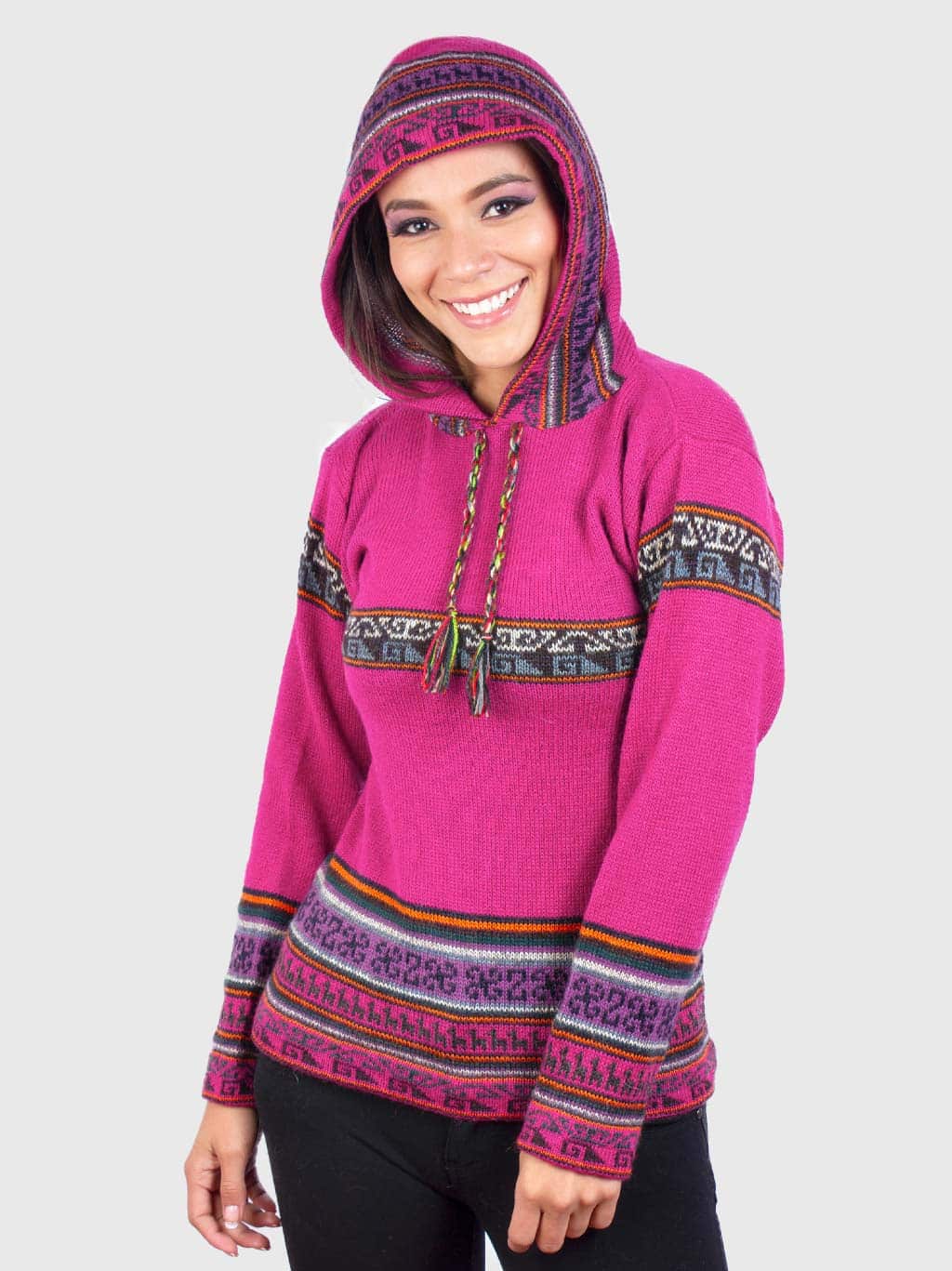 Alpaca Women’s knit hooded Fuchsia sweater with multicolored pattern