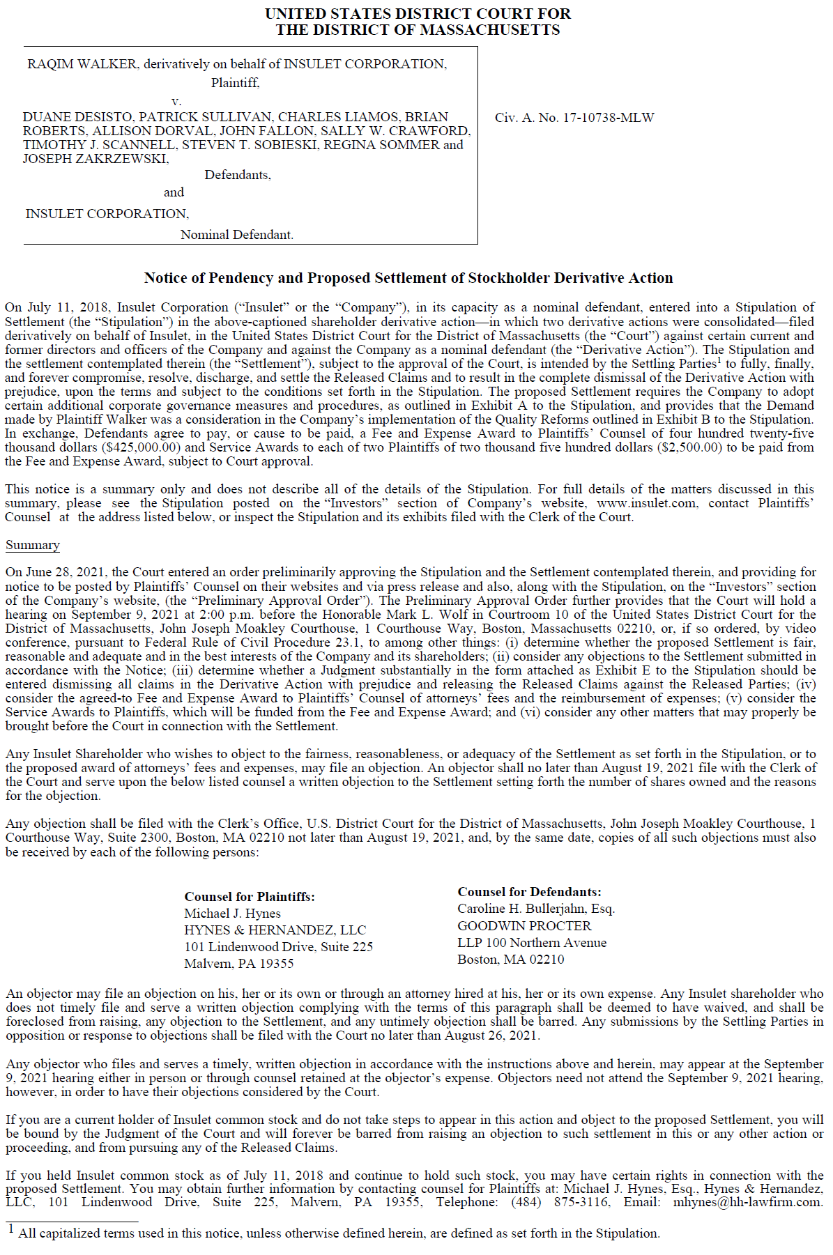 Notice of Pendency and Proposed Settlement of Stockholder Derivative
