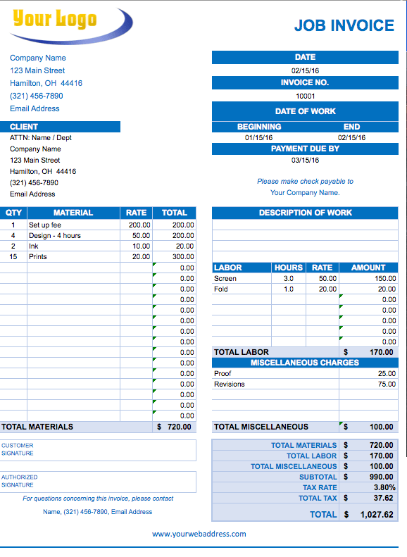 Job Invoice Template Pdf invoice example