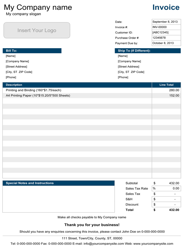 Monthly Invoice Template invoice example
