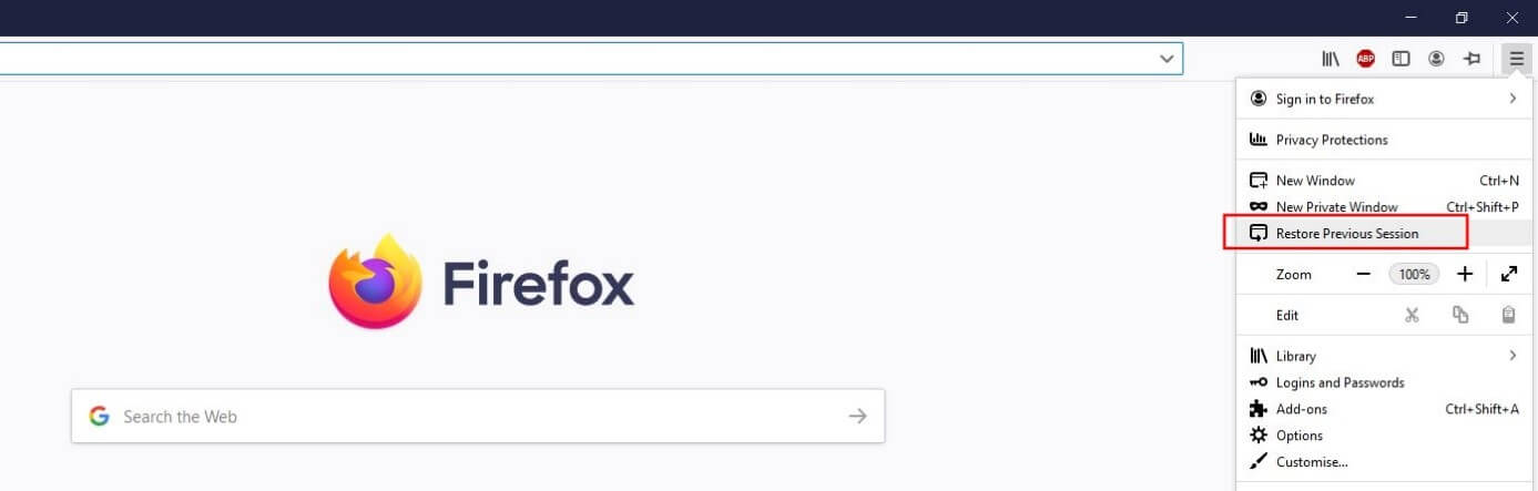 Firefox Restore session and tabs IONOS
