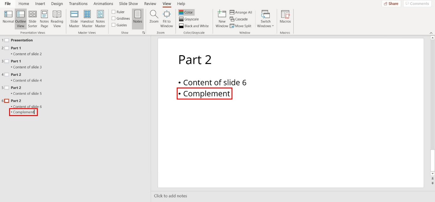 PowerPoint structure a presentation using Outline View
