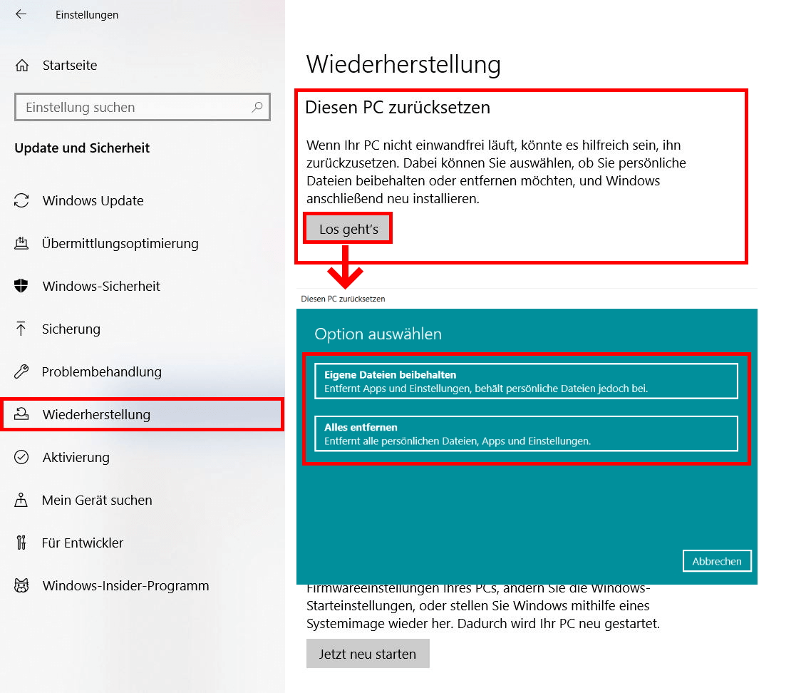 Windows 10 zurücksetzen – ohne Neuinstallation