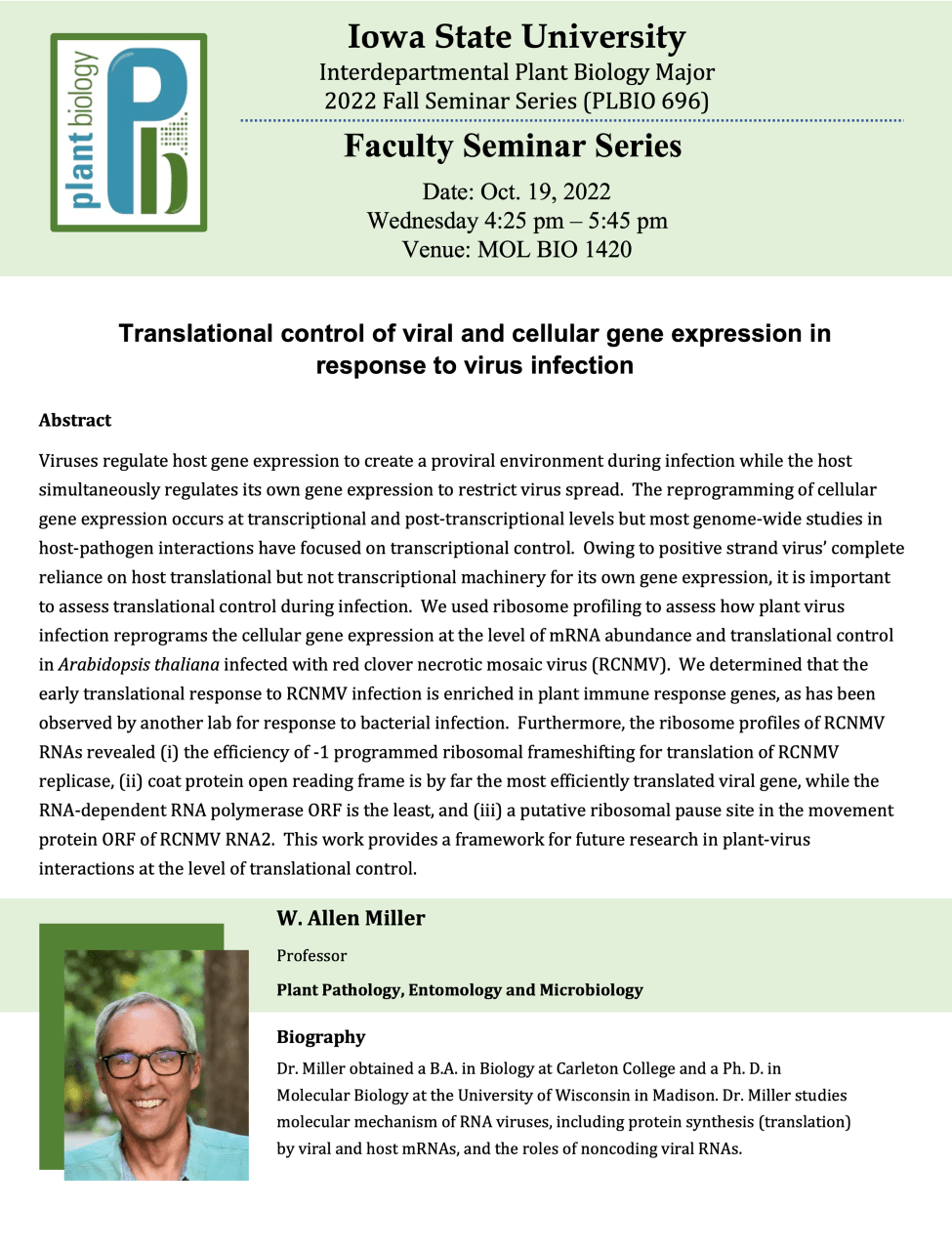 Interdepartmental Plant Biology 2022 Fall Faculty Seminar Series