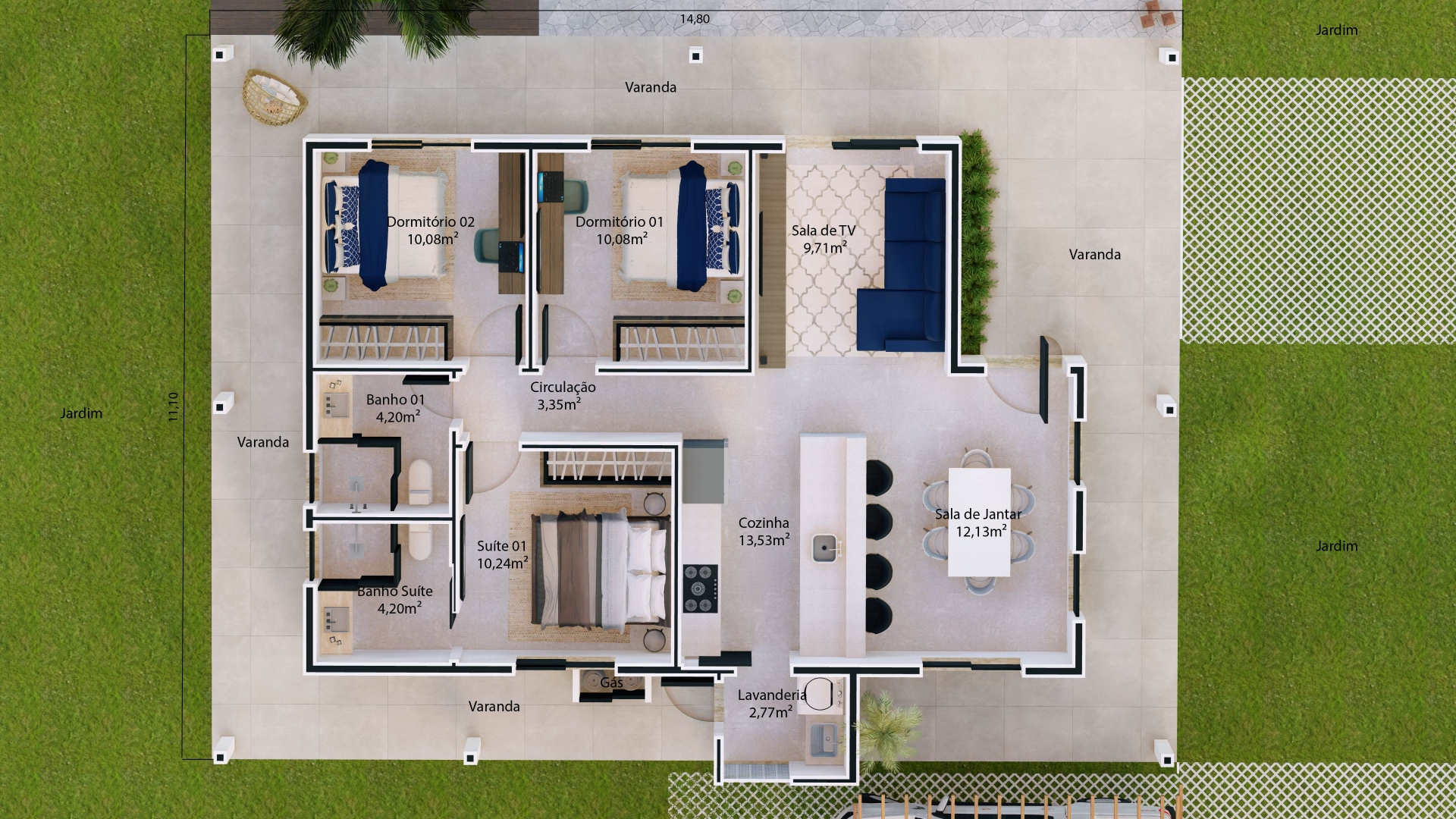 Planta de casa de chácara com varanda, edícula e 3 dormitórios (invertido)