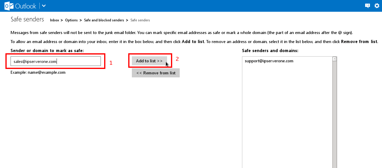 How to whitelist or blacklist email address in Hotmail IPSERVERONE