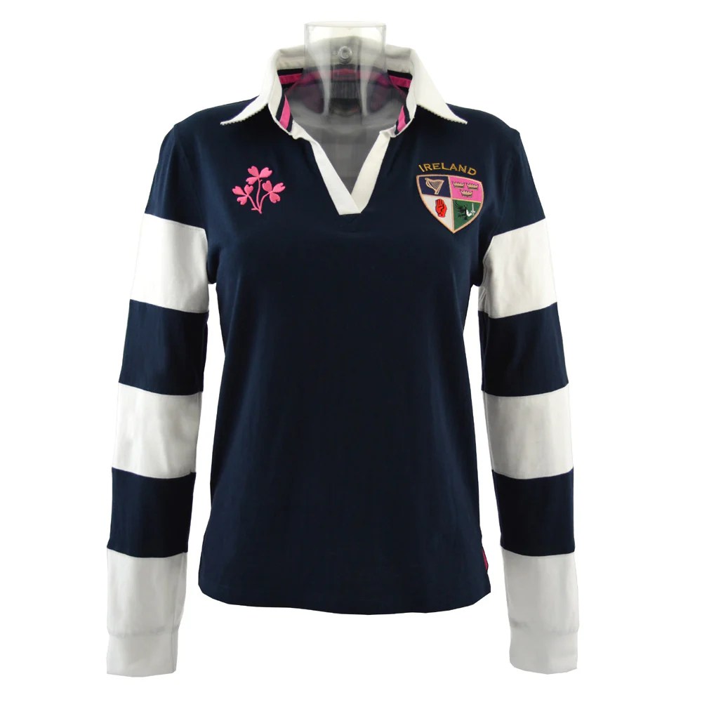 Irish Rugby Shirt Ladies Navy and White Striped 3 Shamrock Rugby