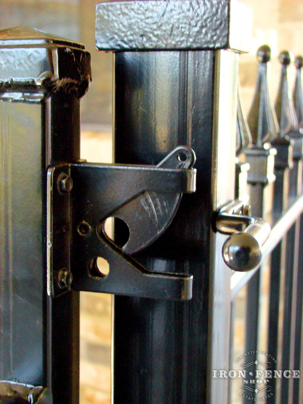 Installed Gravity Latch with Gate Open Iron Fence Shop