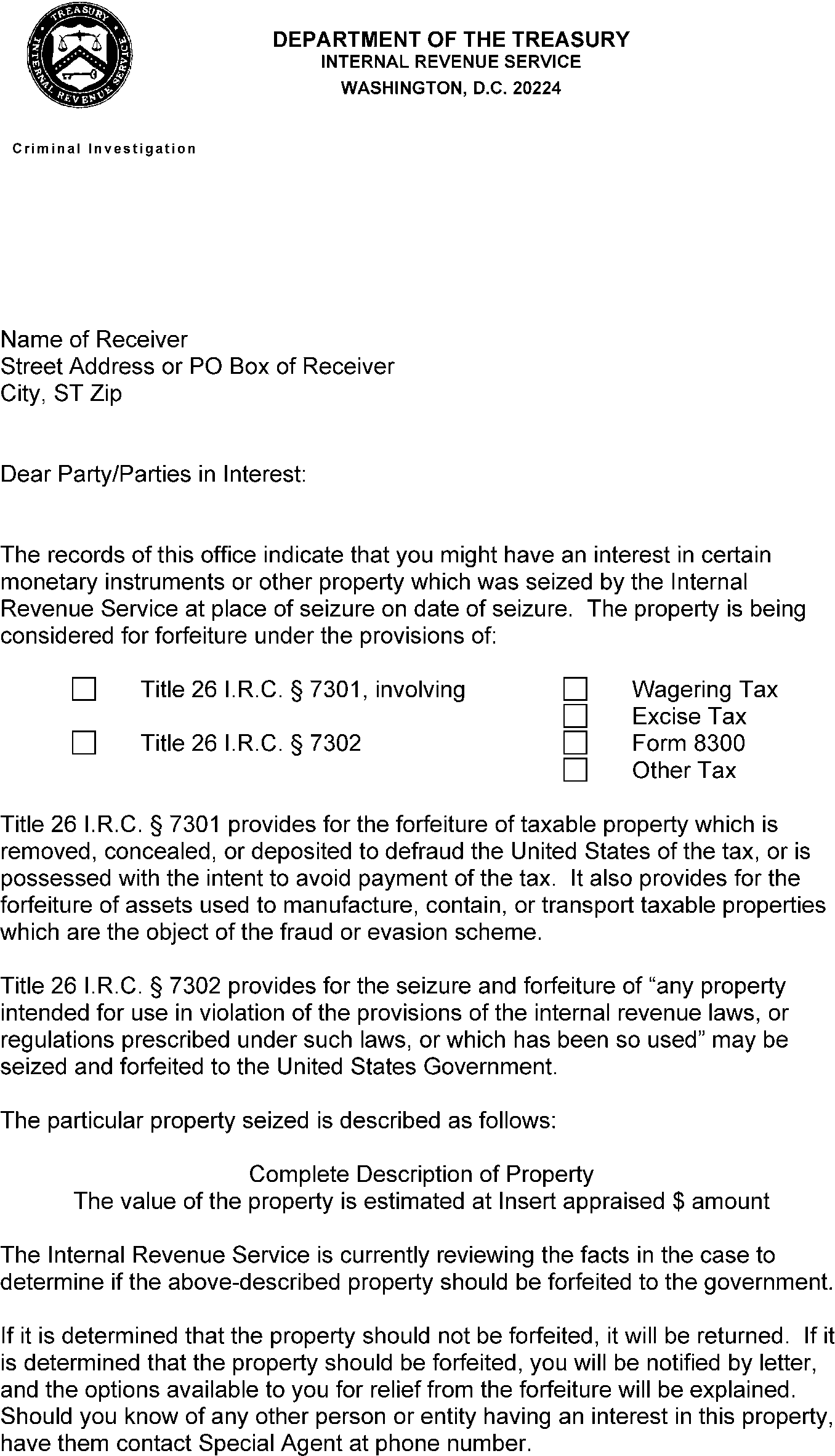9.7.13 Title 26 Seizures for Forfeiture Internal Revenue Service