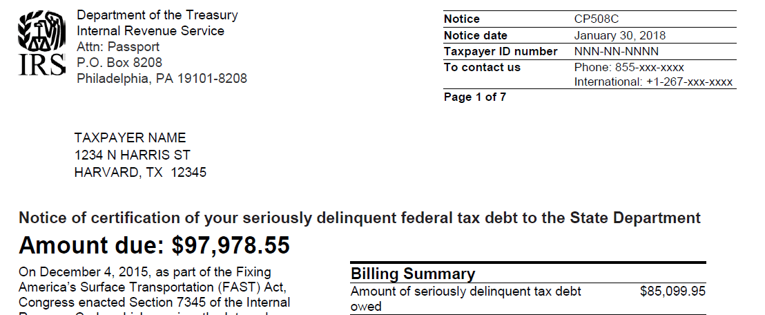 IRS Letter 6152 Revoke Passort for Seriously Delinquent Tax Debt