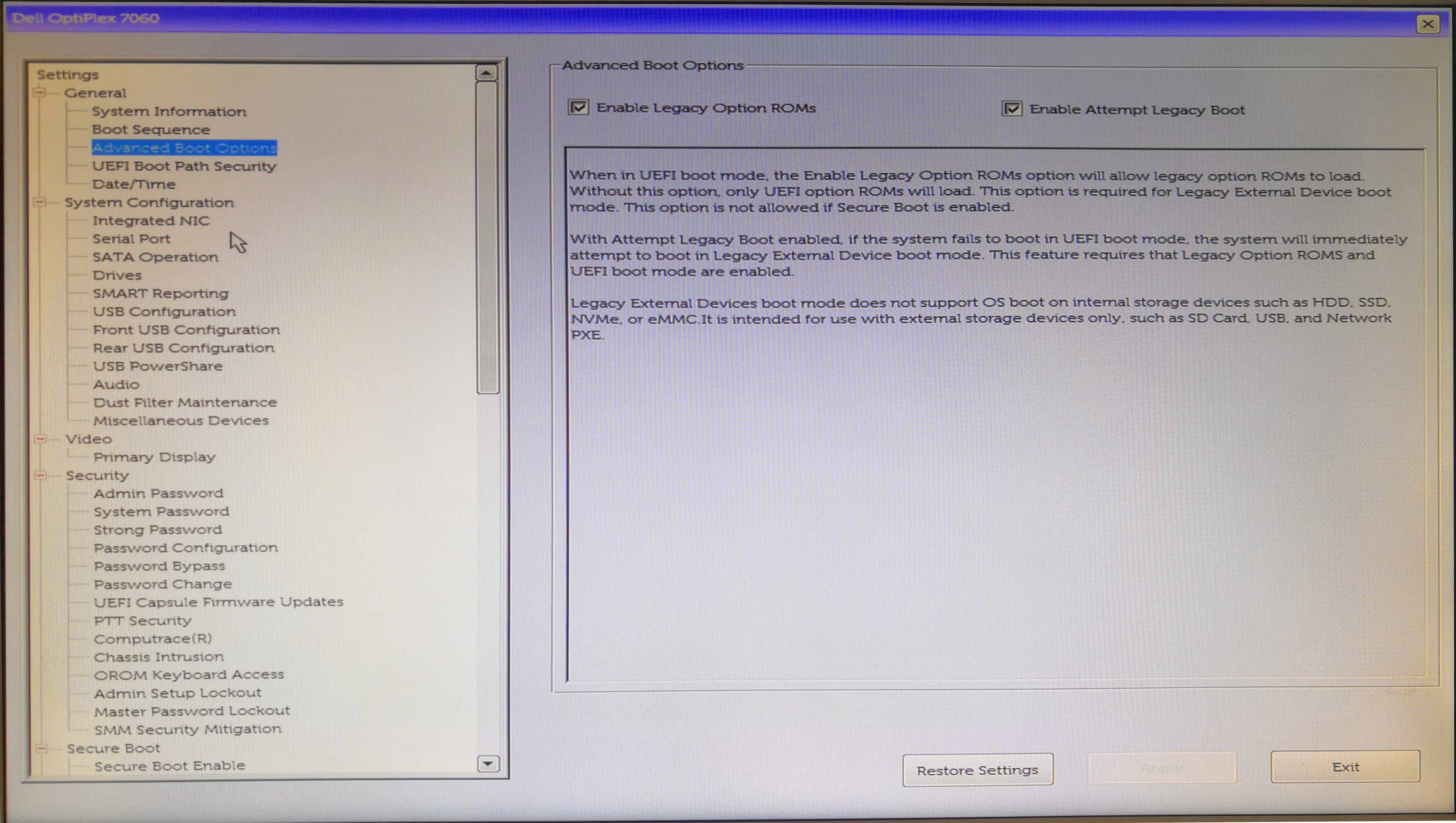 Dell OptiPlex 7060 Workstation legacy PXE Network Boot Setting Method