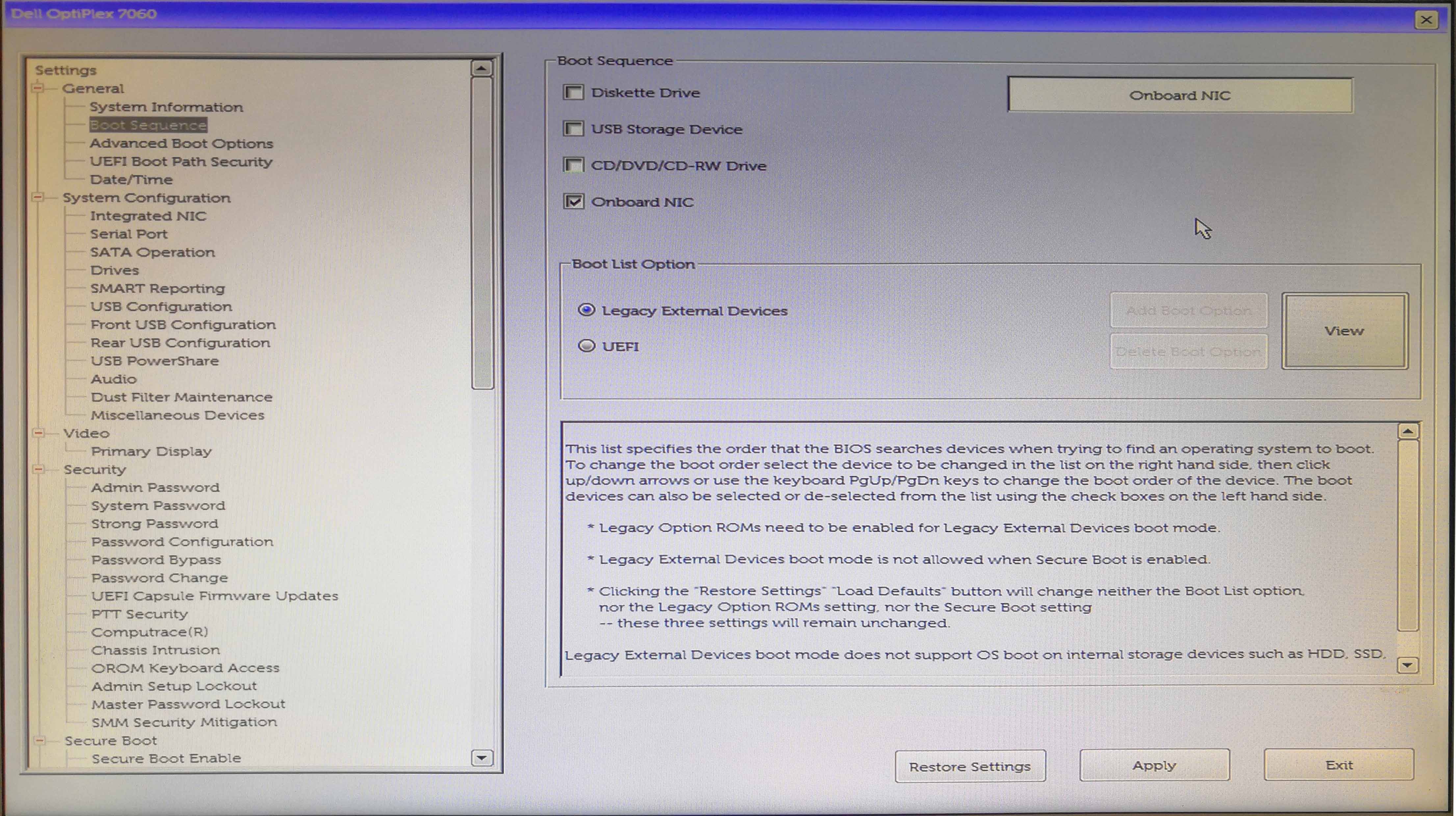 Dell OptiPlex 7060 Workstation legacy PXE Network Boot Setting Method