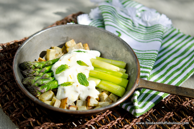 Asparagus on Sweet Potato Hash with Saffron Yoghurt