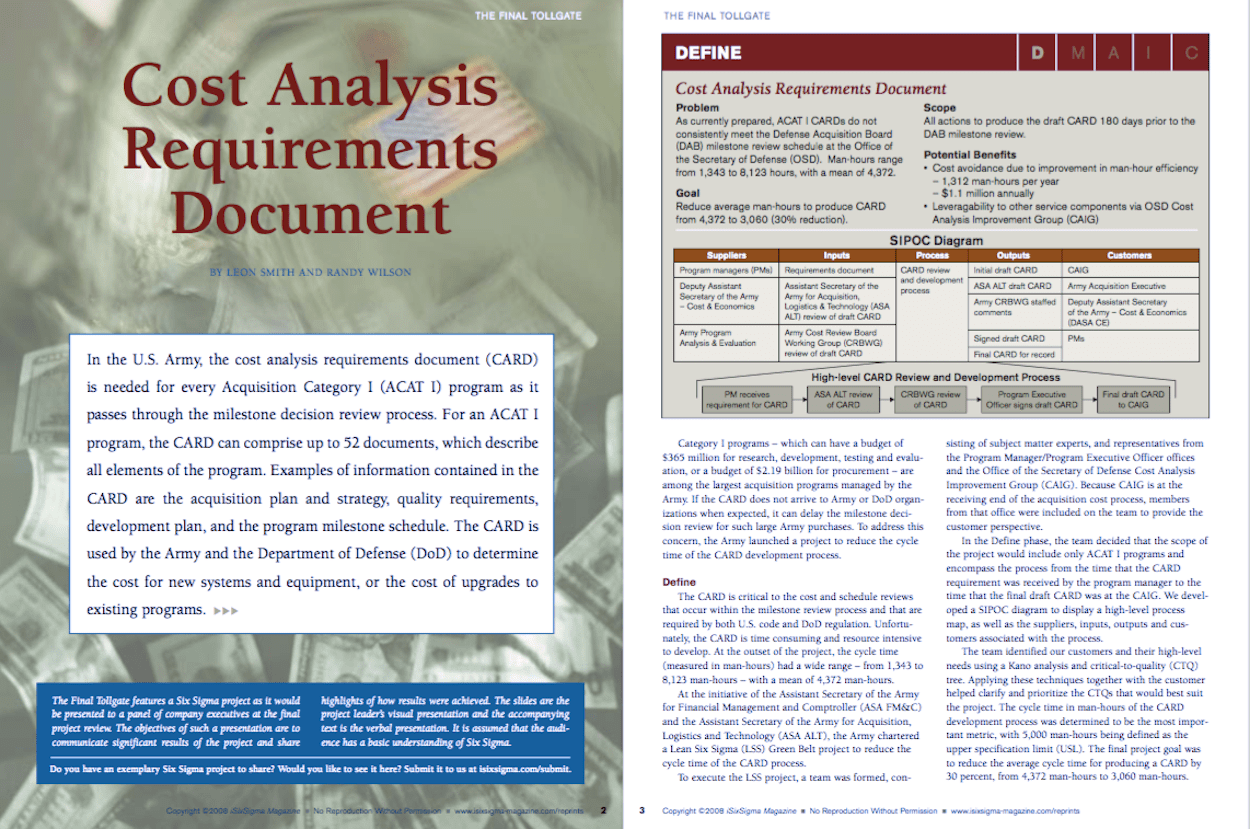 Cost Analysis Requirements Document Project Example isixsigma