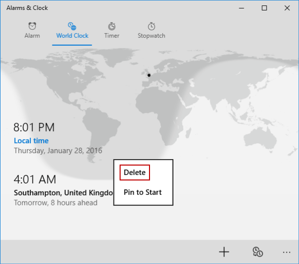 Add and Remove Clock in World Clock on Windows 10