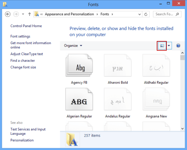 Change Fonts View in Windows 8/8.1