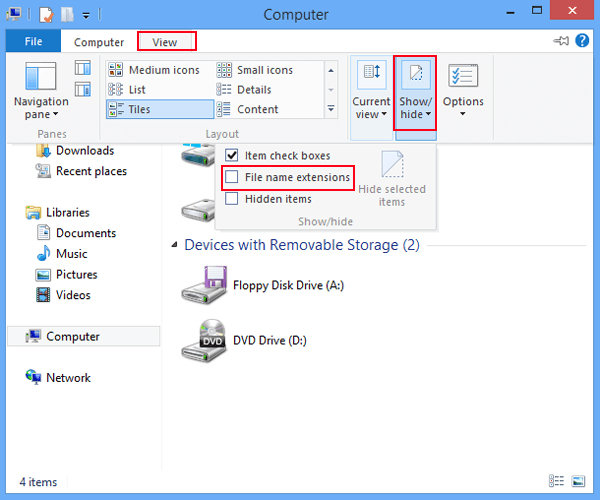 Methods to Hide and Unhide File Extensions in Windows 8/8.1