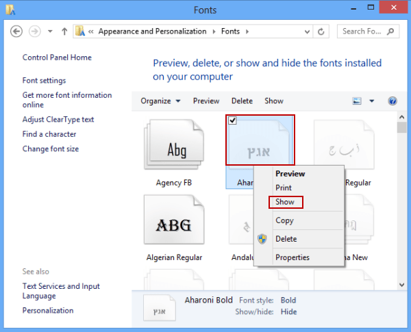 Preview, Show, Hide and Delete Fonts on Windows 8/8.1